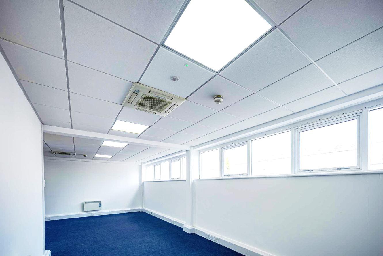 Empty office room with white walls, blue carpet, large windows along one side, and fluorescent ceiling lights.