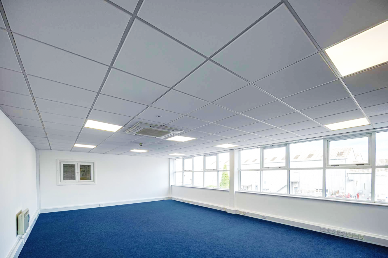 Empty office space with blue carpet, white walls, suspended ceiling with fluorescent lights, large windows along one side, and a small internal window on another wall.