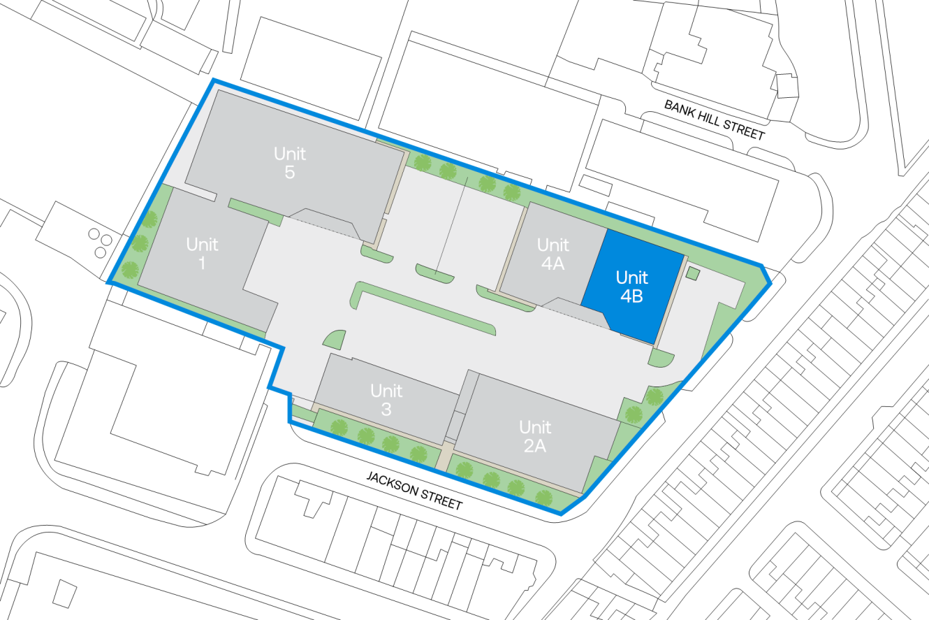 Site map showing multiple building units labelled 1, 2A, 3, 4A, 4B, and 5. Unit 4B is highlighted in blue, and the site is bordered by Bawk Hall Street and Jackson Street.