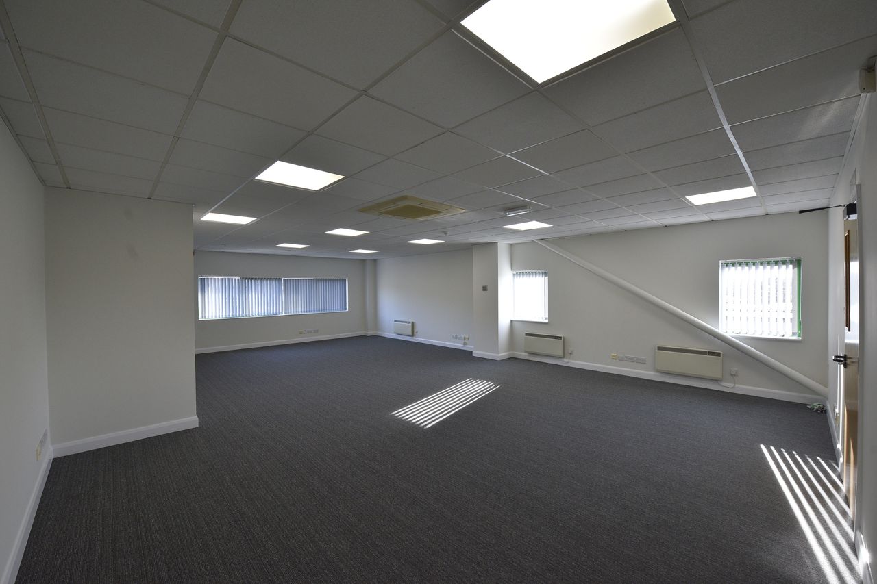Empty office room with grey carpet, white walls, fluorescent ceiling lights, and several windows with vertical blinds letting in daylight.