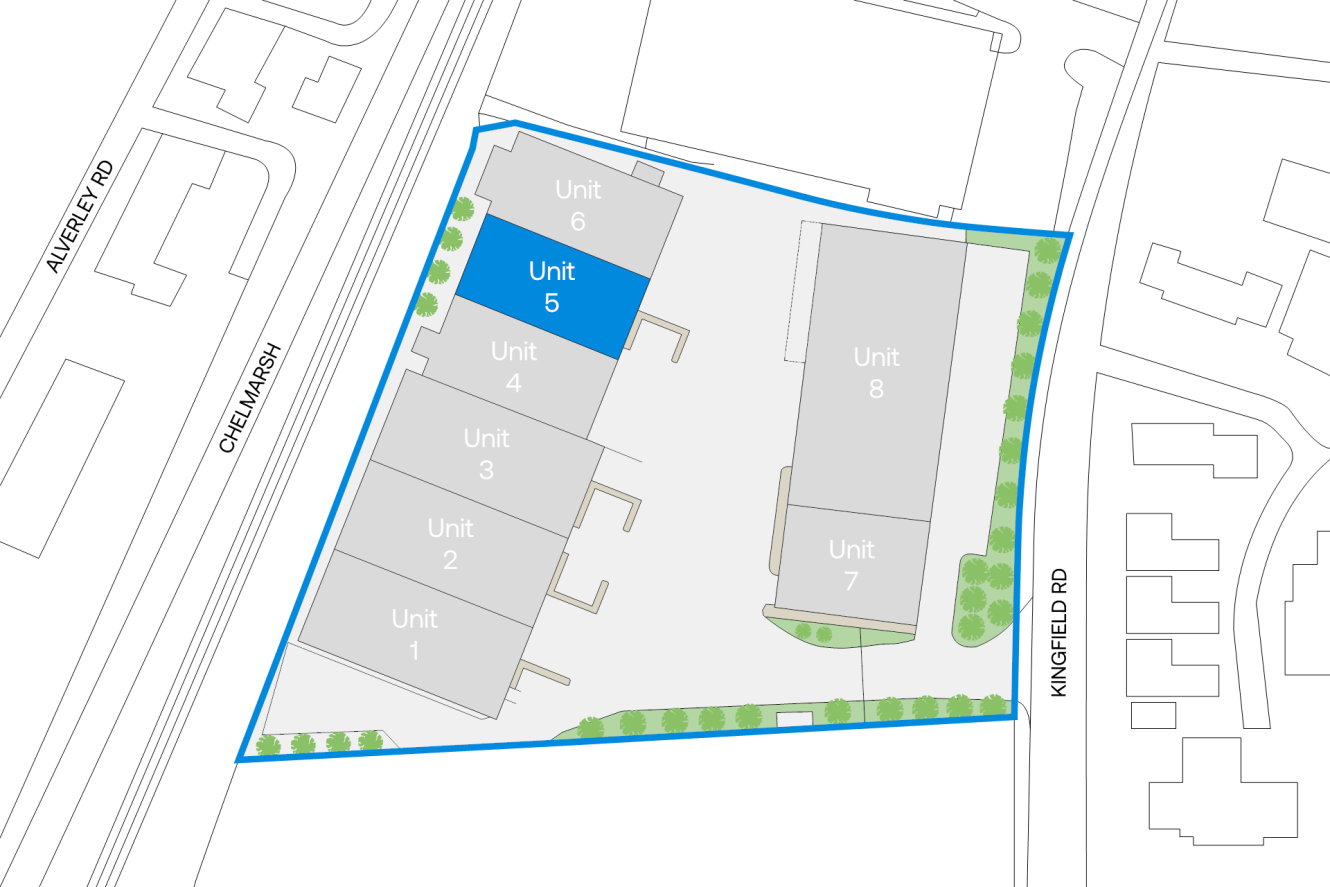Site map highlighting Unit 5 in blue among eight units, bordered by Chelmash and Kingfield roads, with roads and nearby buildings visible.