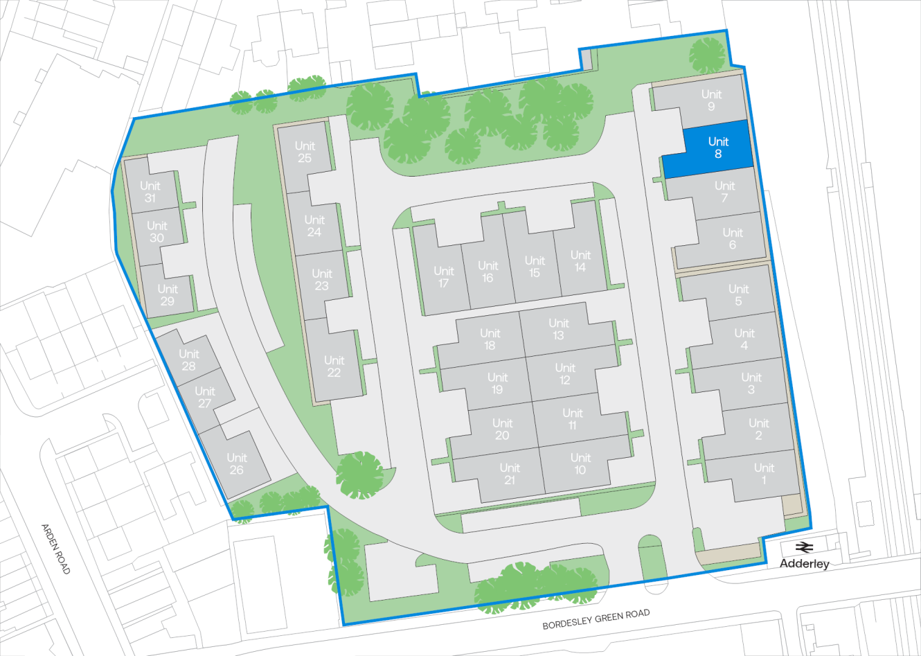 Site plan of a residential development with multiple units labelled, outlined in blue; Unit 8 is highlighted in blue near the top right corner.