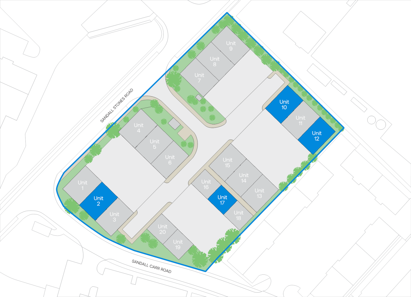 Site plan showing multiple building units, with Units 2, 10, 12, 15, and 17 highlighted in blue; surrounding roads and green landscaping are also visible.