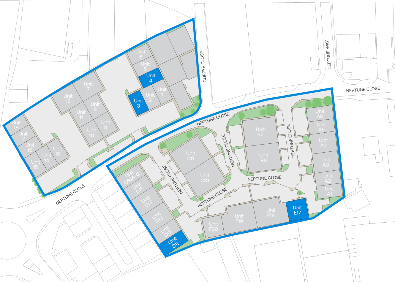 Site map of two adjacent building complexes bordered by Neptune Close, Camper Close, and Neptune Way; units labelled alphanumerically.