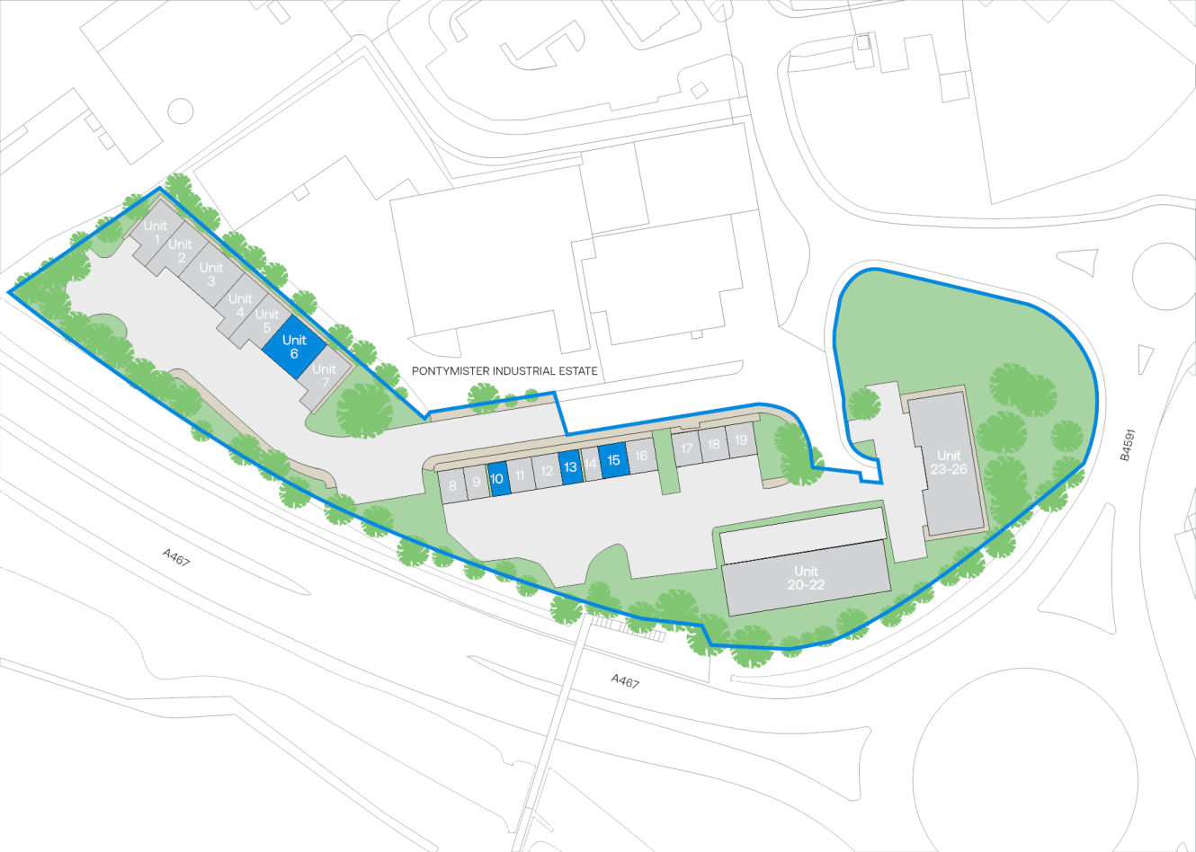 A site map of Pointwister Industrial Estate with labelled building units, parking spaces, green areas, and nearby roads.
