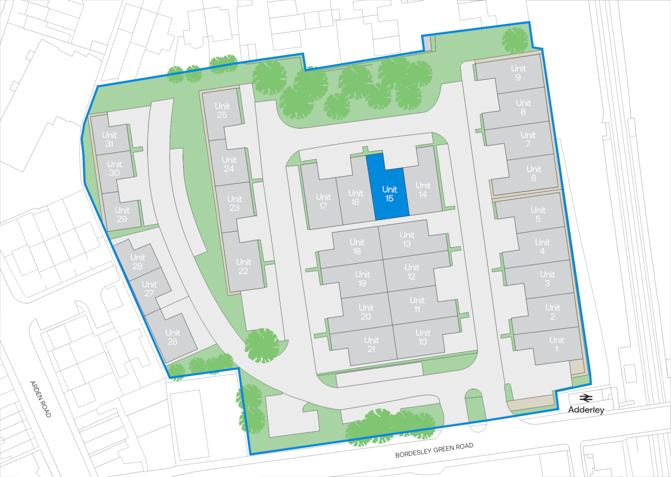 Site map of 31 numbered residential units around internal roads, with green areas and trees; Unit 15 is highlighted in blue near the centre.