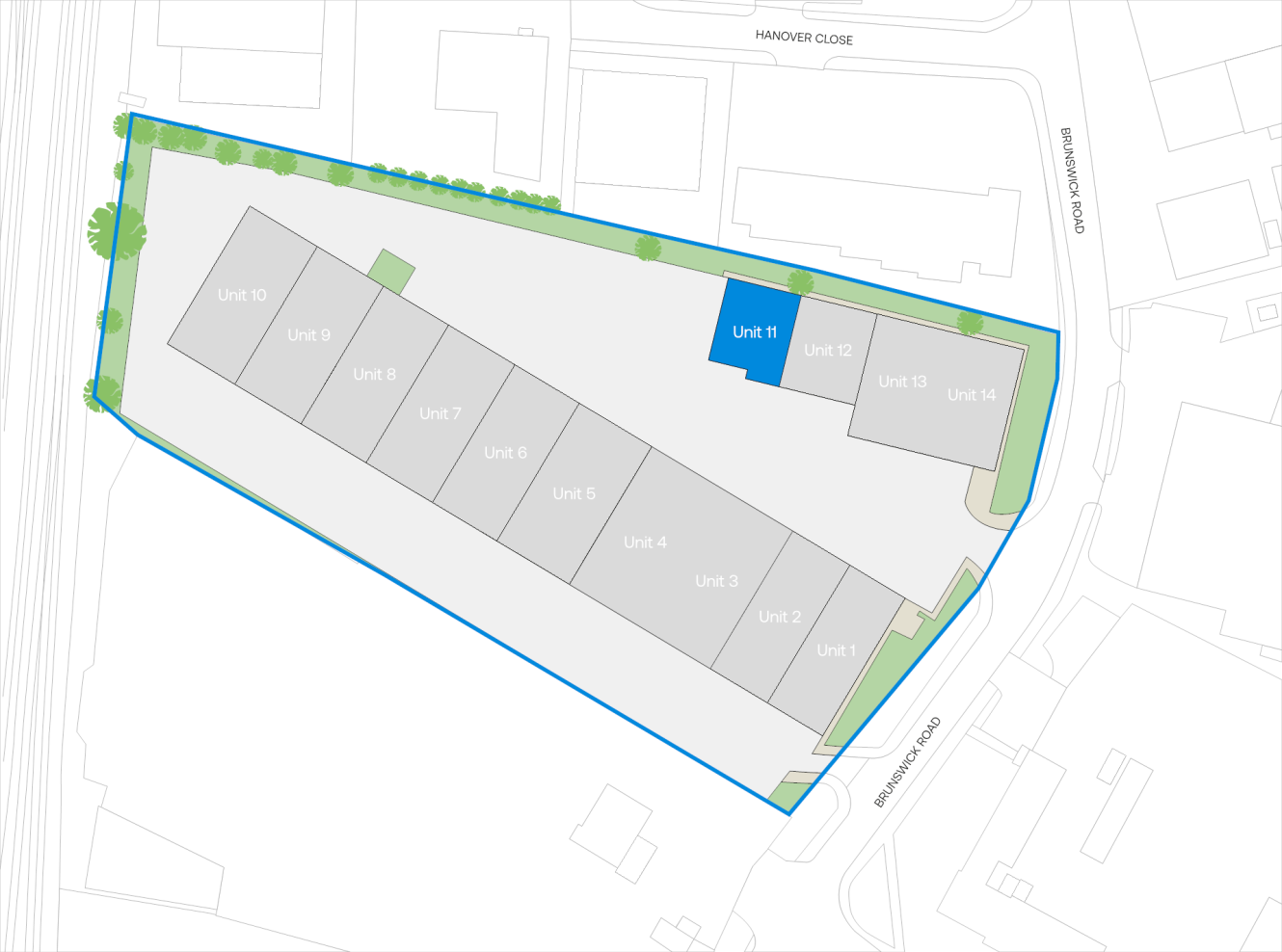 Site plan displaying 14 units in a rectangular building complex outlined in blue, with Unit 11 highlighted near centre-right.