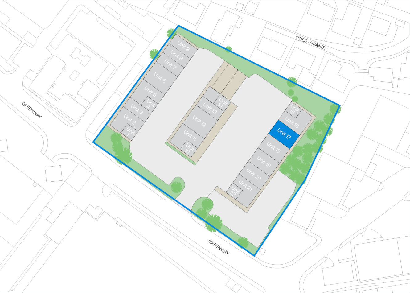 Site plan map with two rectangular buildings labelled units 1–20, surrounding streets and trees, Unit 17 highlighted, blue outline marks boundary.