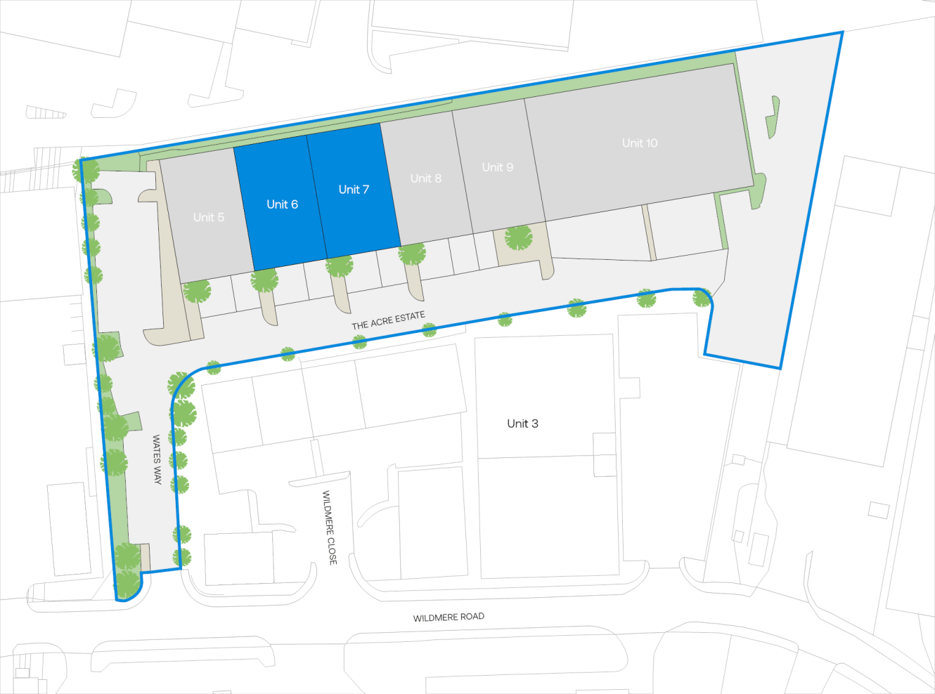 Site plan of The Acre Estate with several units, Units 6 and 7 marked in blue; site boundaries and nearby roads are shown.