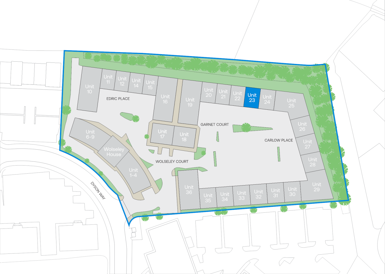 Site plan of multiple building units around Wolseley Court, Garnet Court, and Carlow Place, with Unit 23 in blue at the top centre.