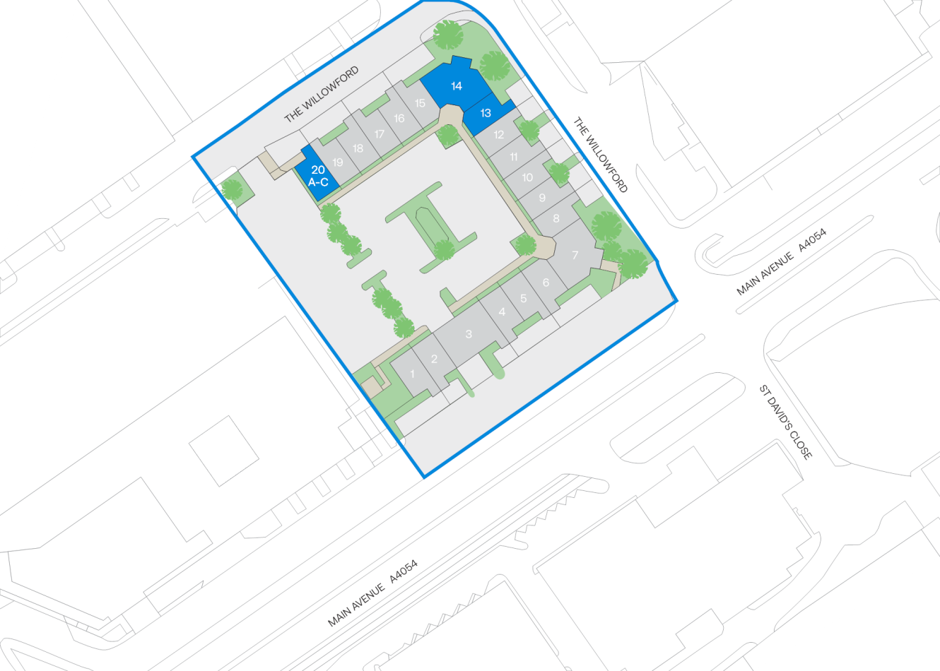 Site map of a rectangular building complex along Main Avenue and The Mallowford, with units 14, 13, and 20 shaded blue.