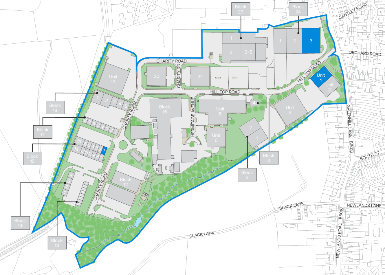A site map displays labelled blocks and units inside outlined boundaries, bordered by green spaces, roads, and nearby neighbourhoods.