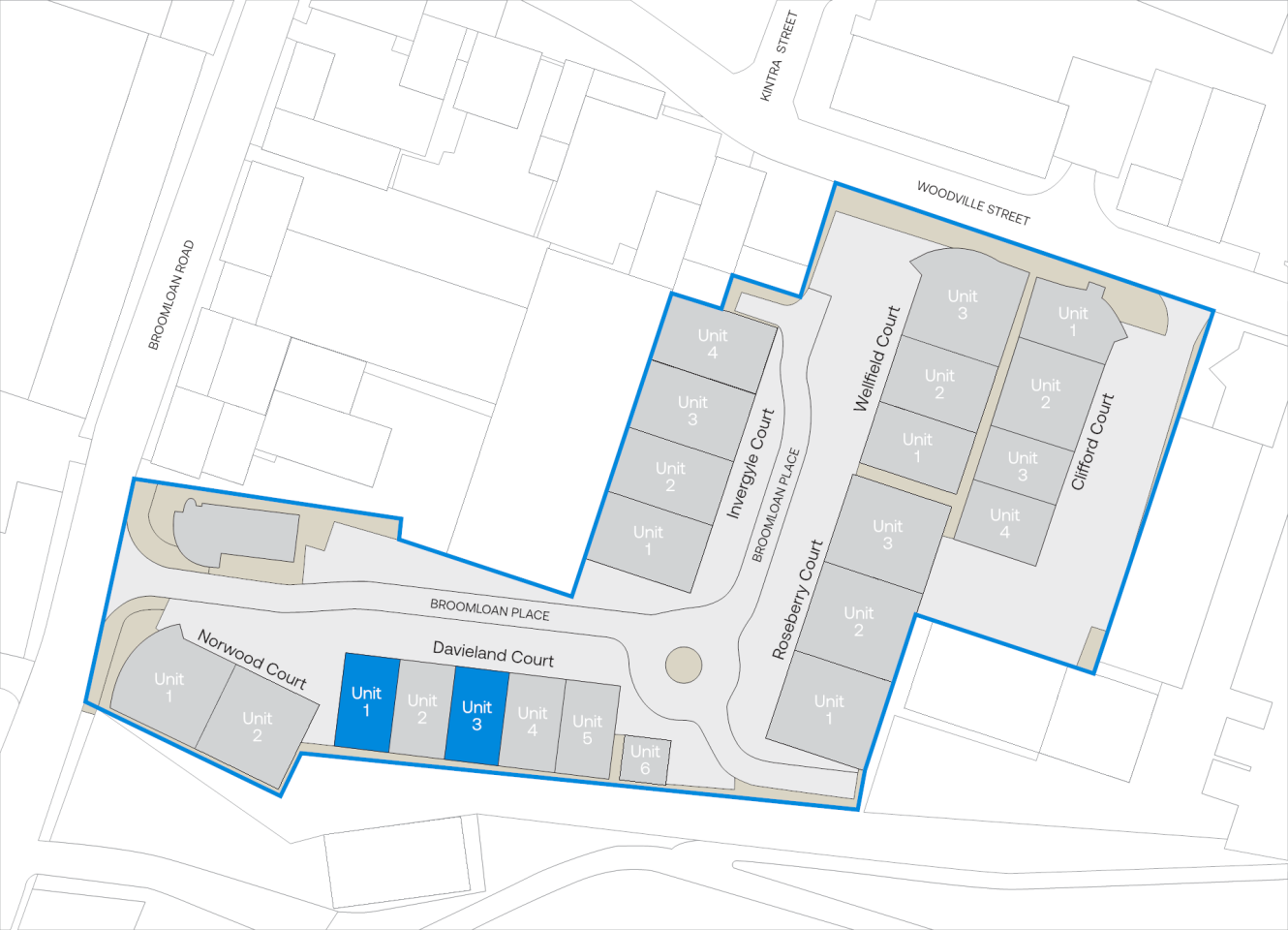 Site map with units 1–7 labelled across Norwood, Davieland, Kingsgate, Rosevalley, Whitevale, and Olifford Courts near major roads.