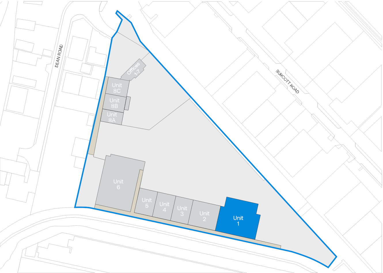 A site map displays six main and three smaller units within a blue border by Devon Road and Subcott Road. Unit 1 is in blue.
