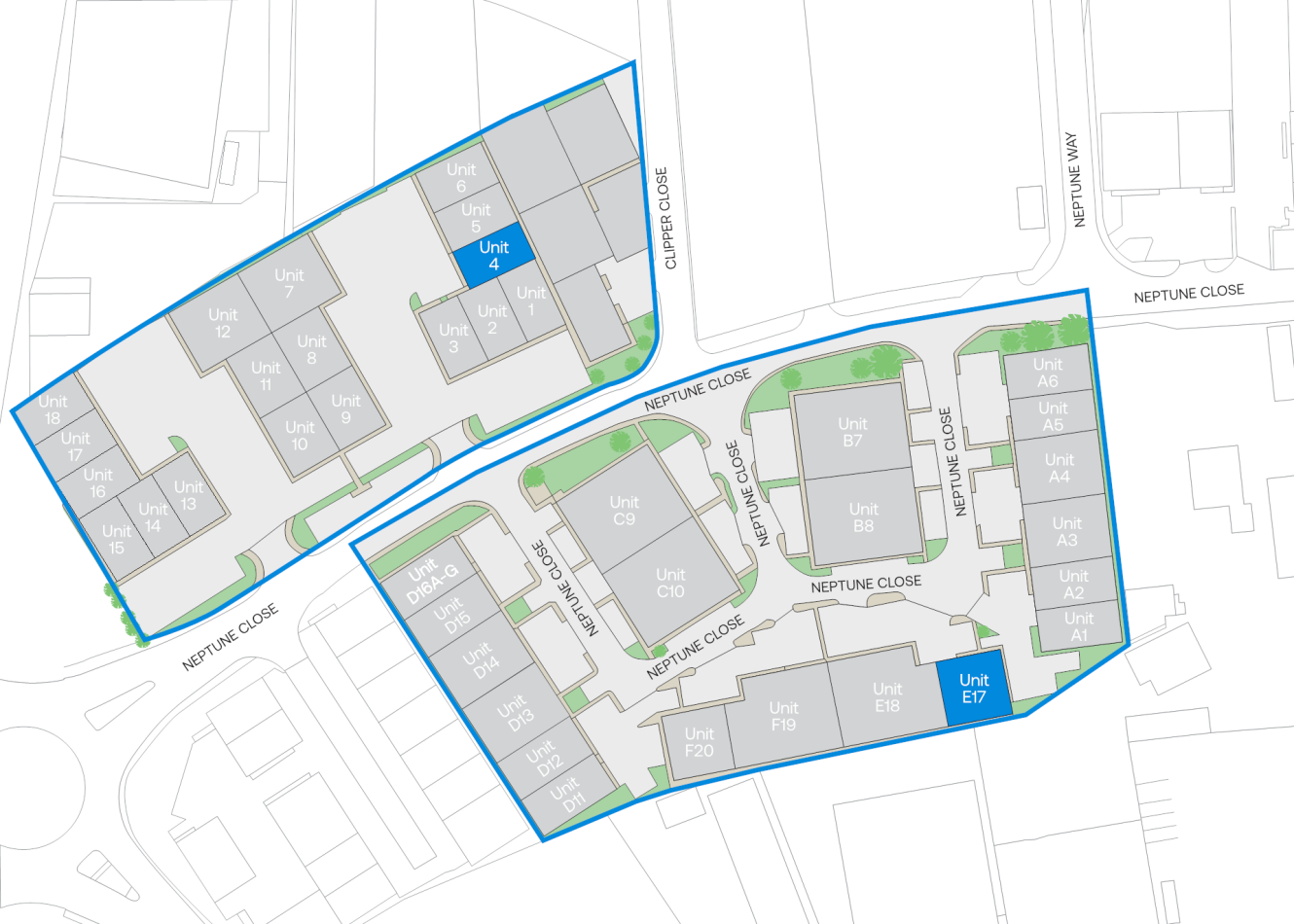 Site plan map with outlined building units, labelled internal roads (Neptune Close, Carpenter Close), and nearby streets.