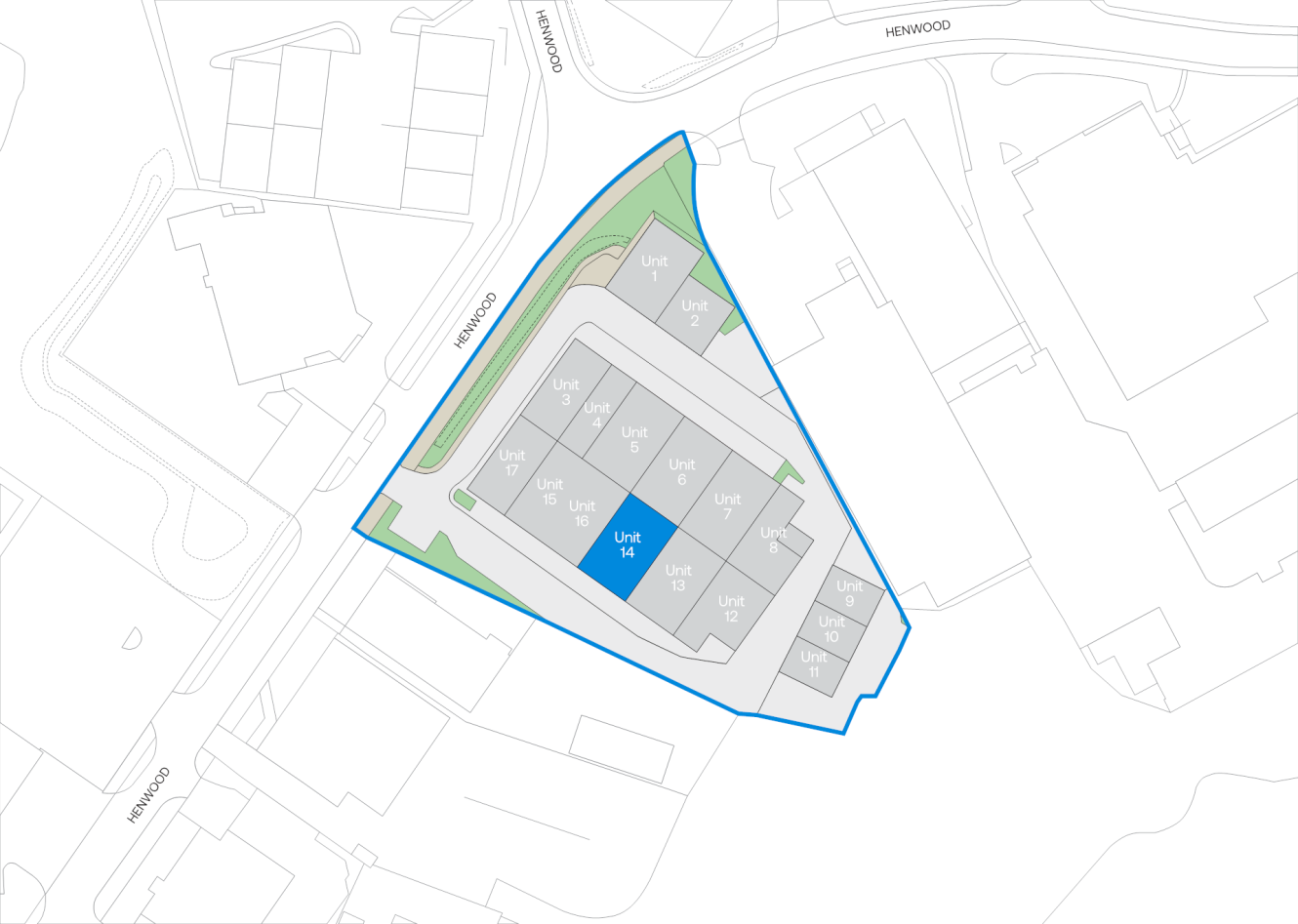 Site plan map showing a triangular property with units 1–16, bordered by Henwood and Coburg roads, outlined in blue.
