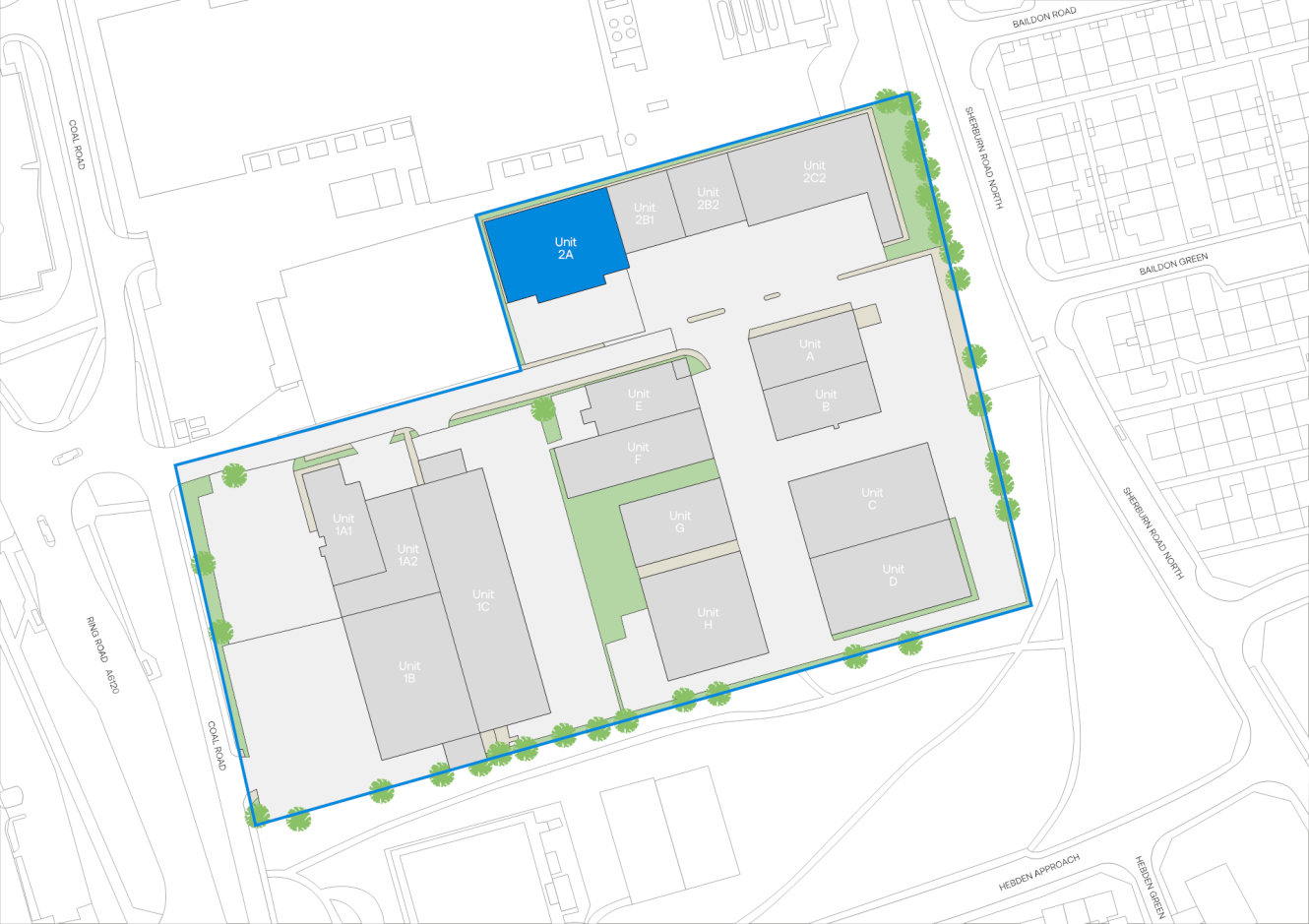 Site plan with labelled units in a bordered property, surrounding roads, green areas, perimeter trees; Unit 24K is highlighted blue.
