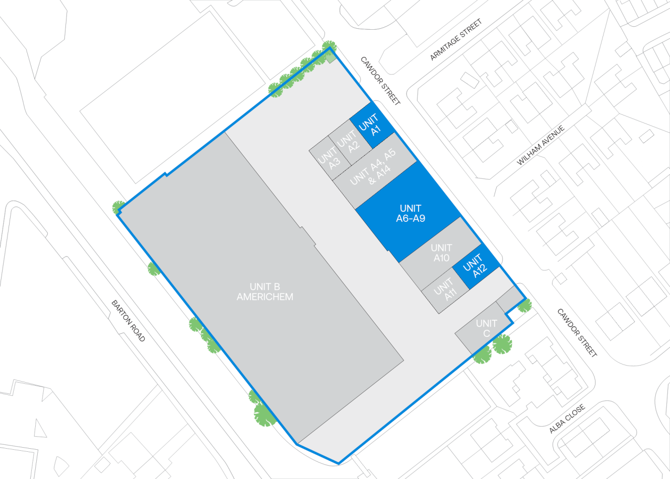 Site plan displaying labelled units A1, A4–A5, A6–A9, A10, B Americhem, and C, with roads and property boundaries outlined.