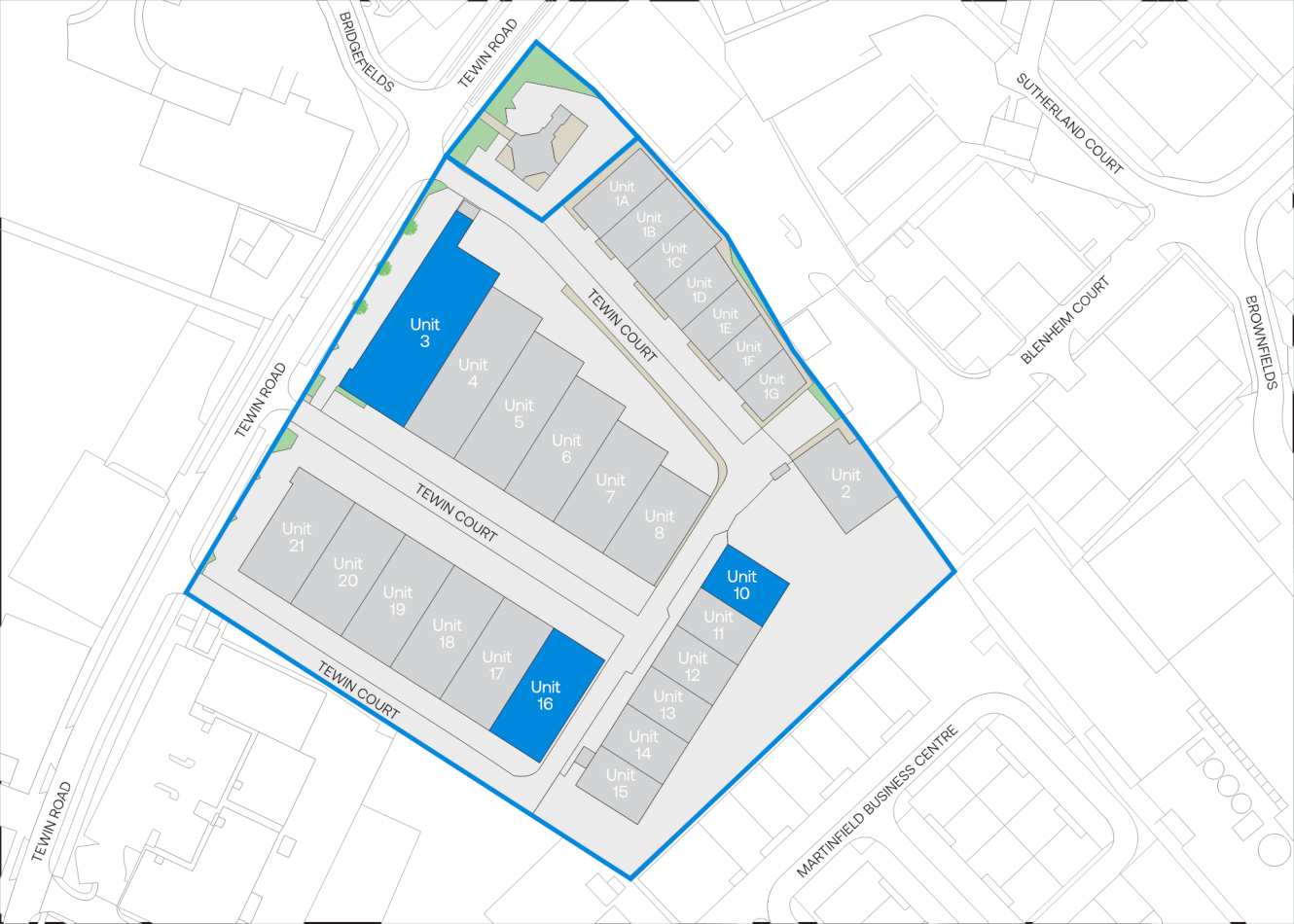 A site map displays several buildings labelled as units within a blue boundary, with certain units highlighted in blue.