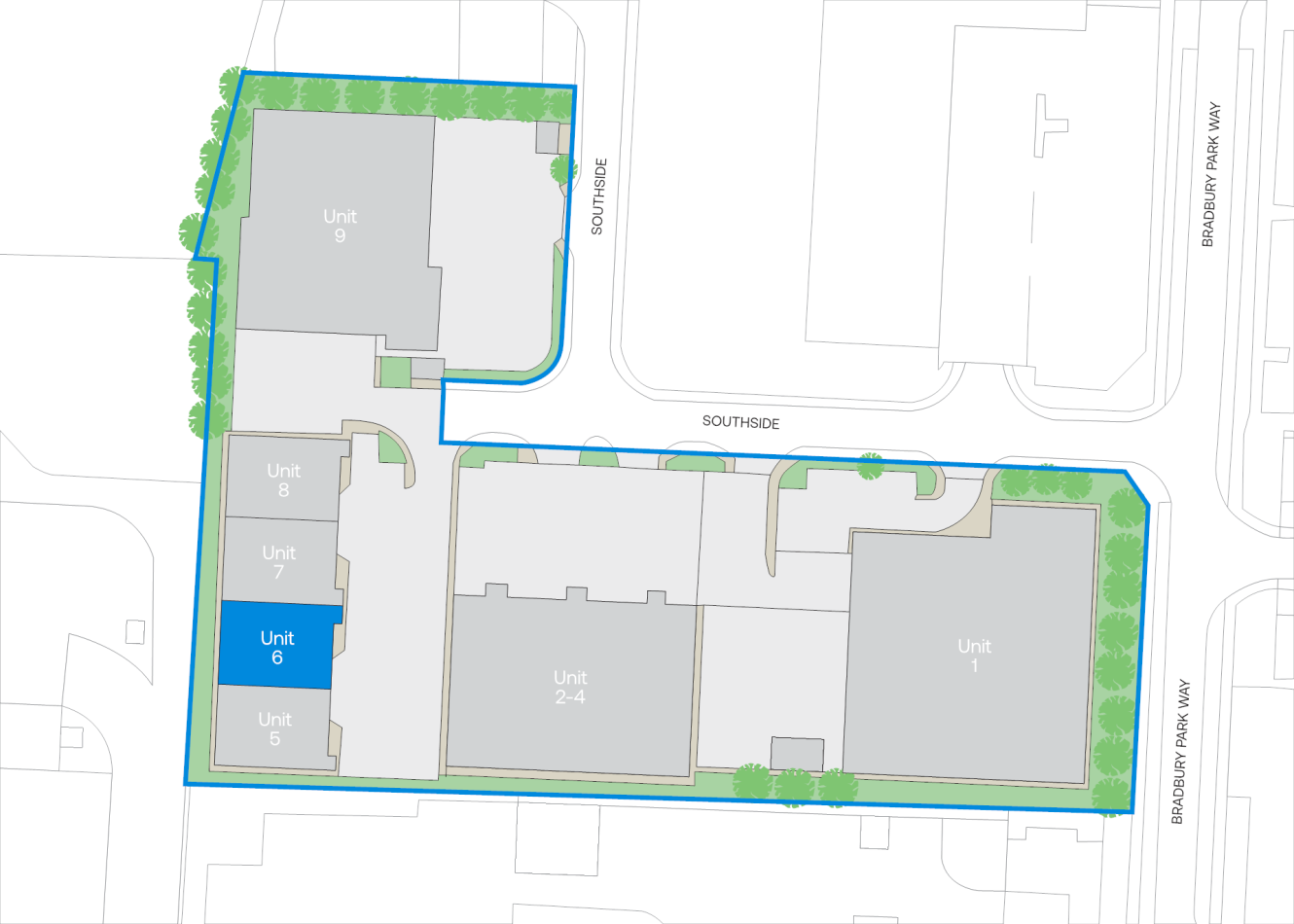 Site map with nine labelled units; unit 6, near centre left, is highlighted blue. Streets labelled Southside and Bradbury Park Way.