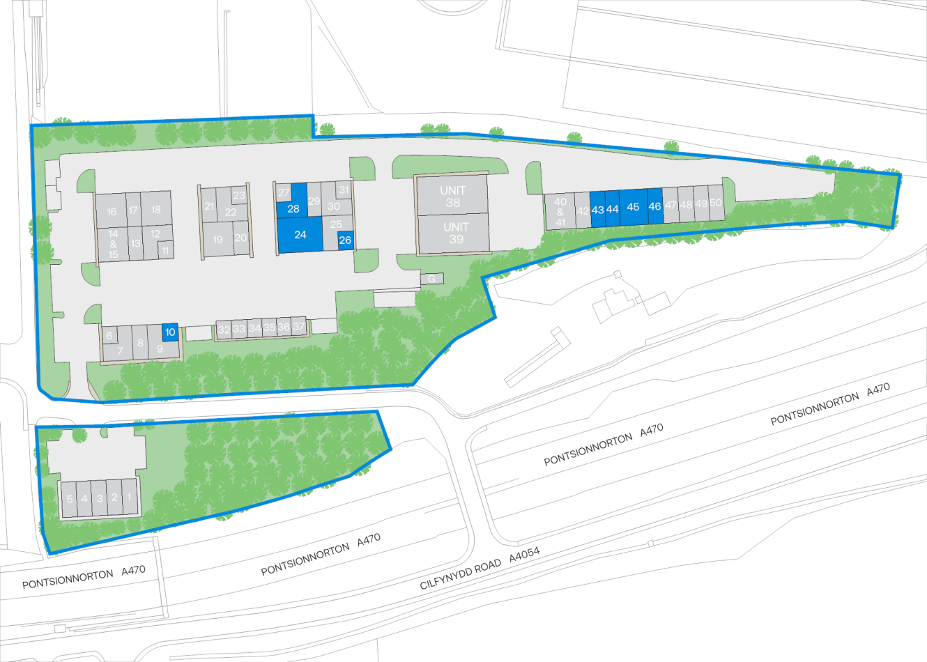 Site plan showing building units, numbered parking spaces, green landscaped areas, paths, and roads labelled PONTSOONORITON A410 and CLIFFNYDD ROAD.