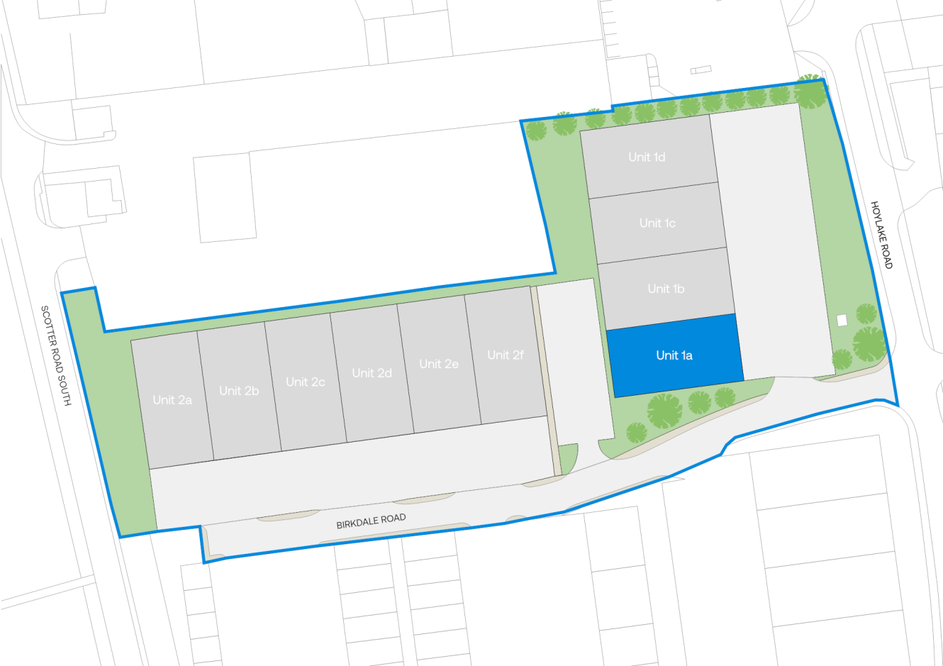 Site plan with units labelled 1a to 2f, Unit 1a in blue, bordered by roads, green areas, and parking spaces.