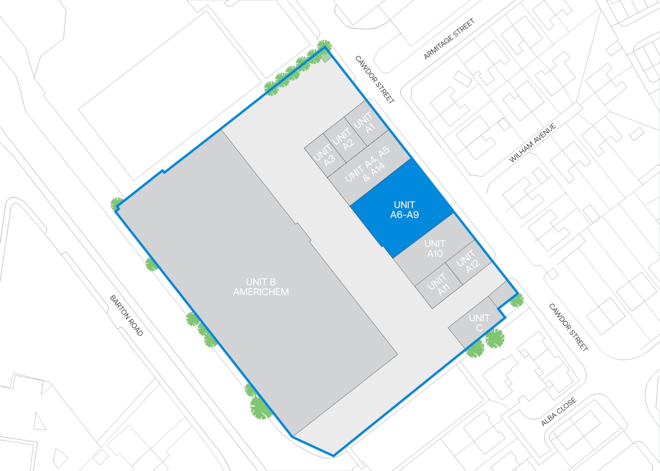 Site plan with Unit B Americhem, adjacent units A4–A10 and C, blue boundary outline, and streets Marsh Road and Cambro Road.