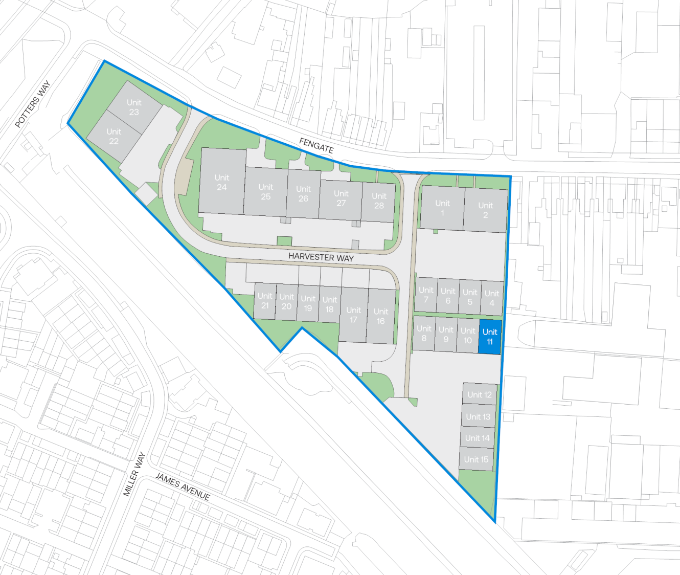 Site map of a triangular development bordered by Fen Gate and Deltic Avenue, featuring labelled units, roads, and parking areas.