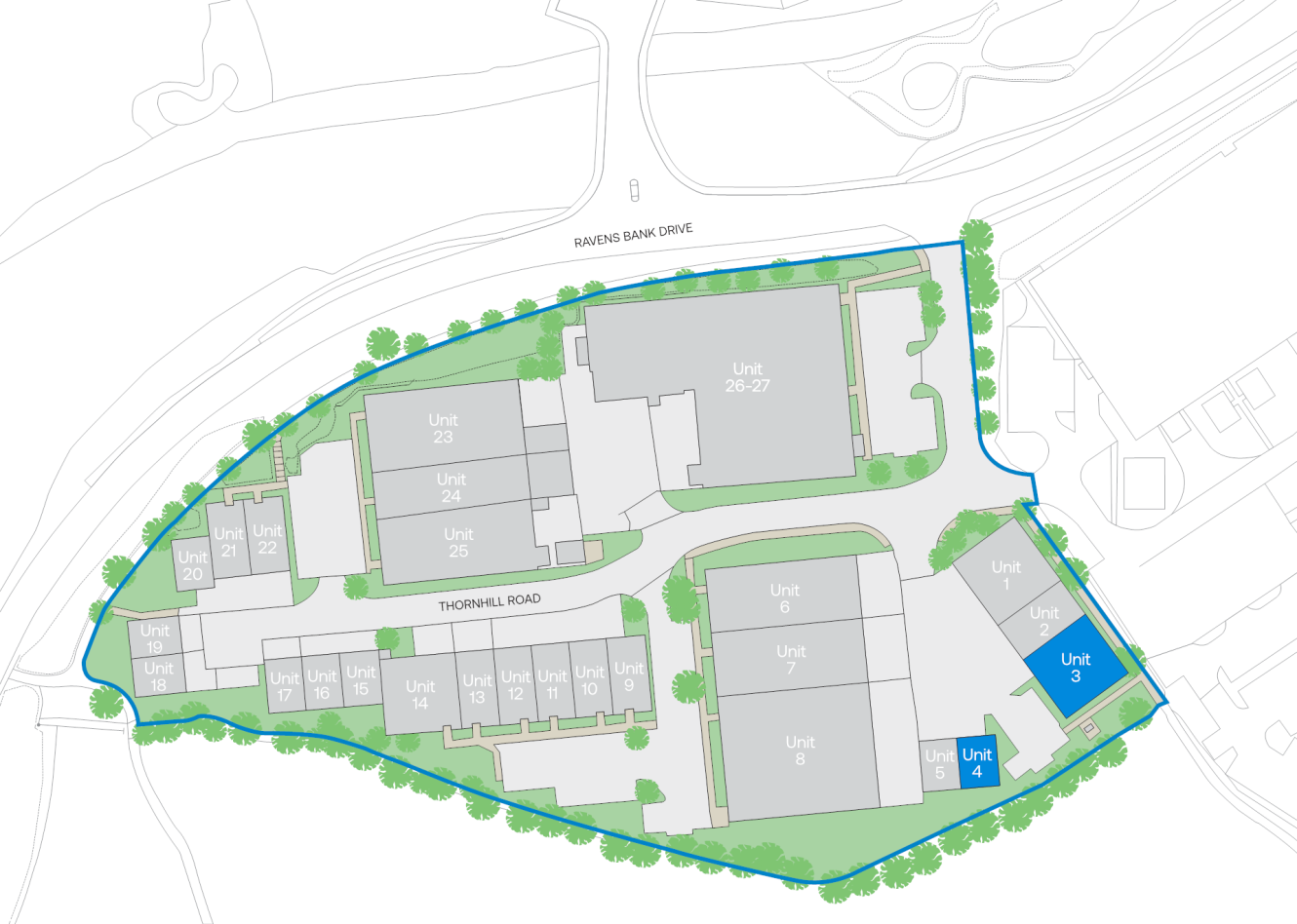 Site plan with labelled units (1–27), Fawkes Bank Drive, Thornhill Road, parking areas, and green spaces outlined in blue.