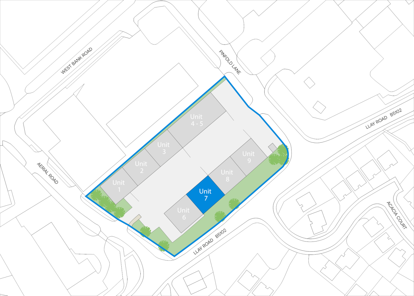 Site map displays units 1–8 inside a property bordered by four roads, with trees shown along the perimeter edges.