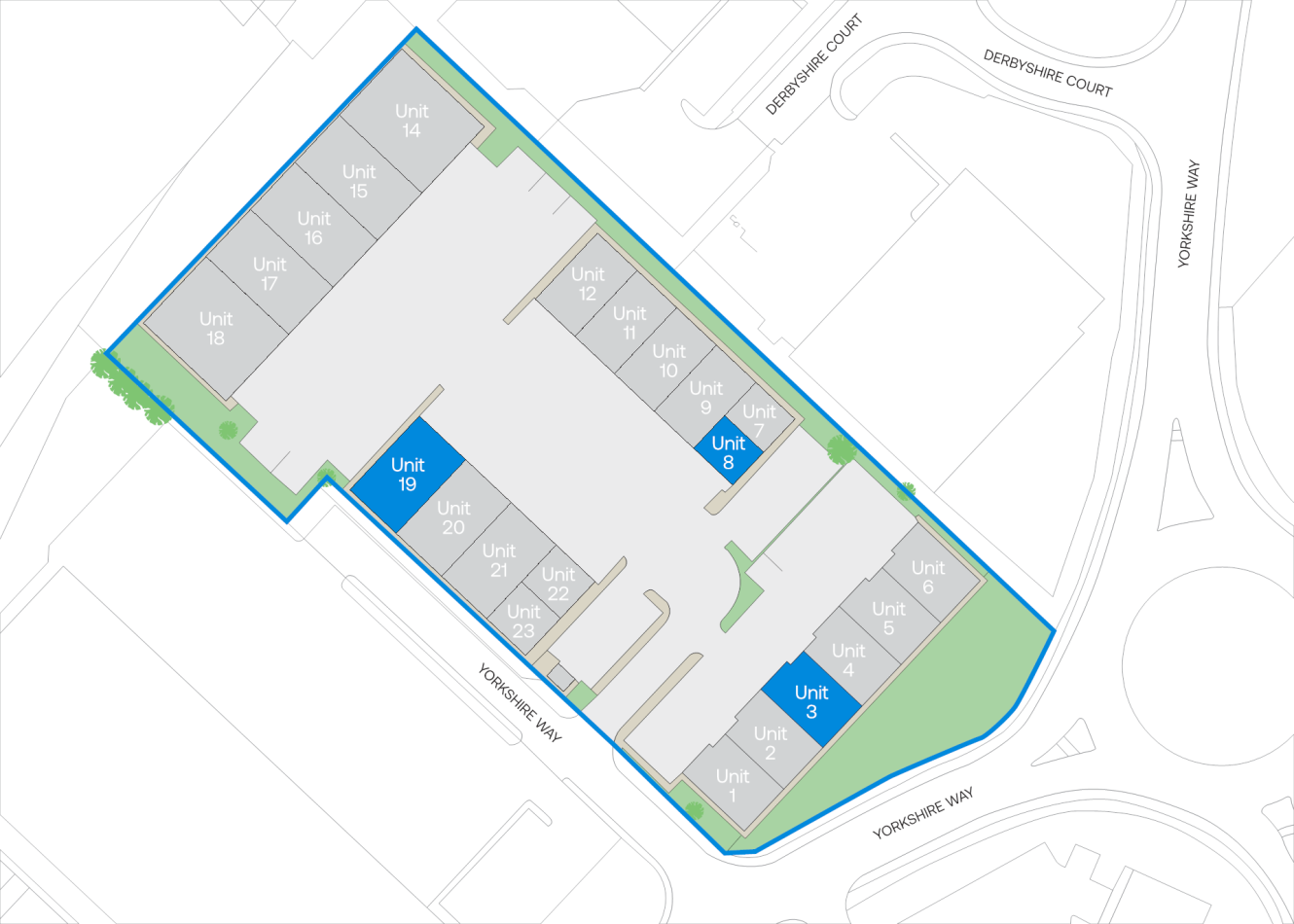 Site plan with outlined property, labelled units 1–19, units 3, 8 & 19 highlighted, bordered by Yorkshire Way and Derbyshire Court.