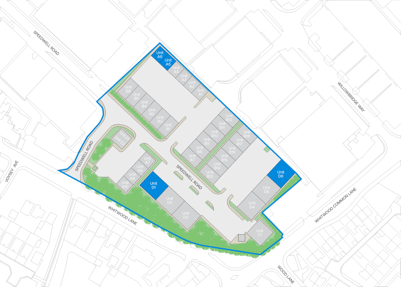 Site map with labelled units, roads, car parks, and green space within a bordered property enclosed by surrounding streets.