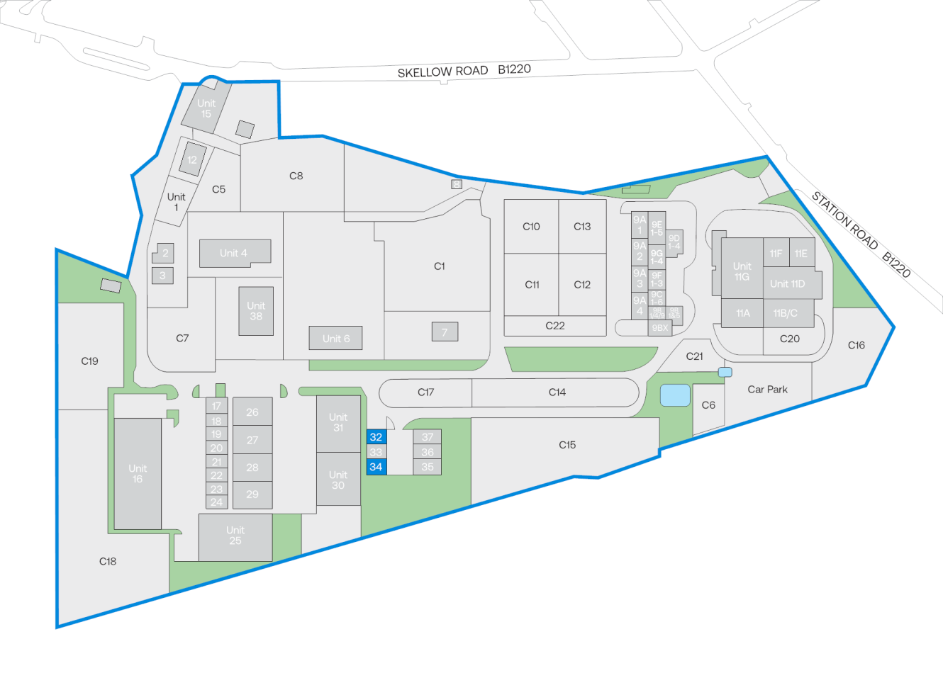 Site map with labelled units, buildings, car parks, and access roads by Skellow Road and Station Road; Units 32 and 34 in blue.