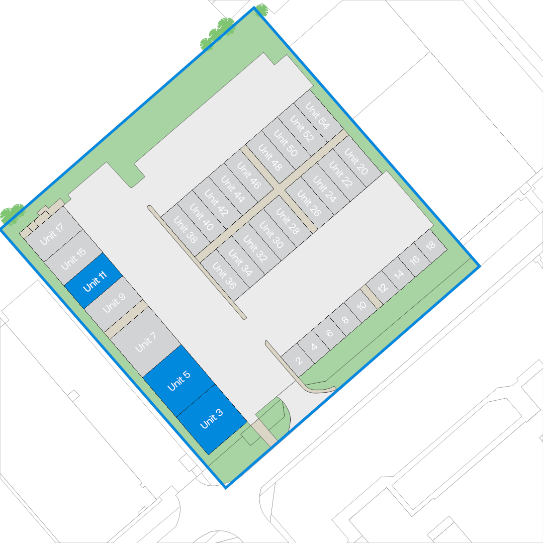 A site map of 21 labelled rectangular units, with units 1, 3, 5, 11, 15, and 17 in blue and the rest grey inside a property border.