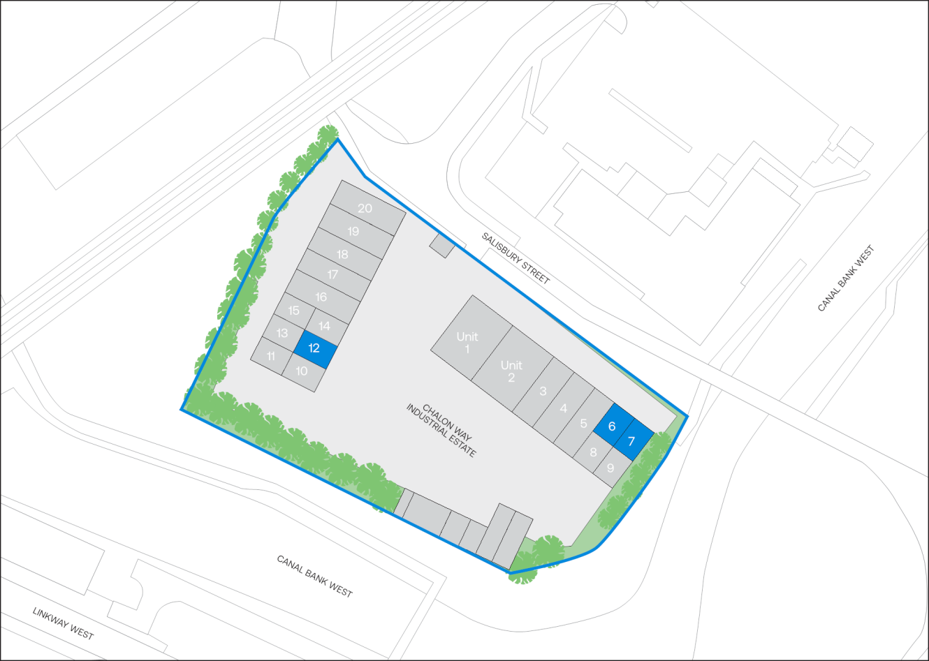 Site plan of Chalk Bridge Industrial Estate with 21 numbered parking spaces and units 1, 6, and 12 highlighted in blue.