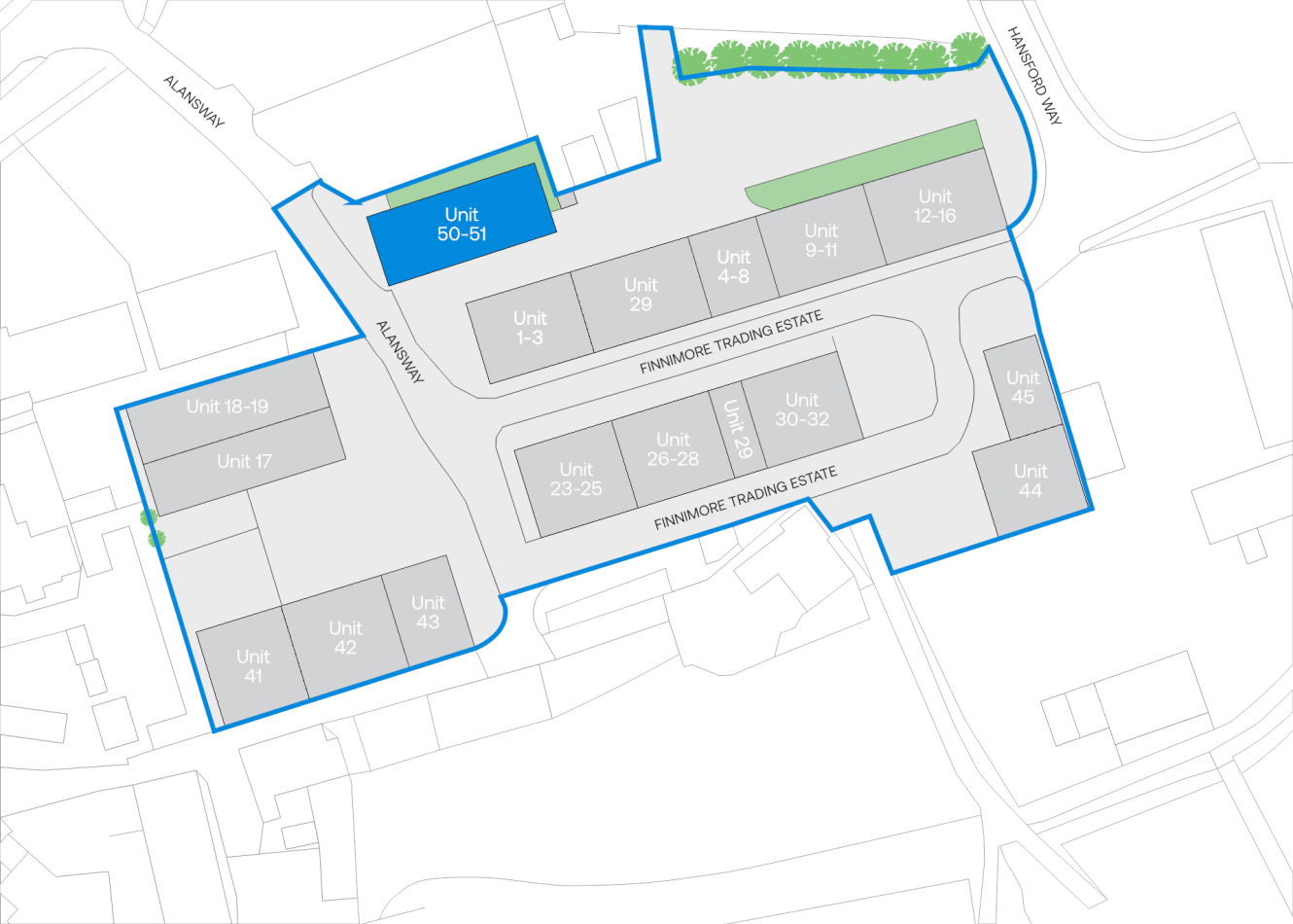 Site map of Fynmore Trading Estate, units 1–51 labelled, Unit 50–51 highlighted in blue near Alamy Way and landscaped area.