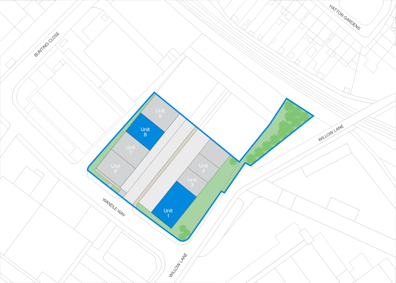 A site plan map with eight labelled units (1–8) inside a blue boundary, nearby streets, and a green area along Wallon Vale.