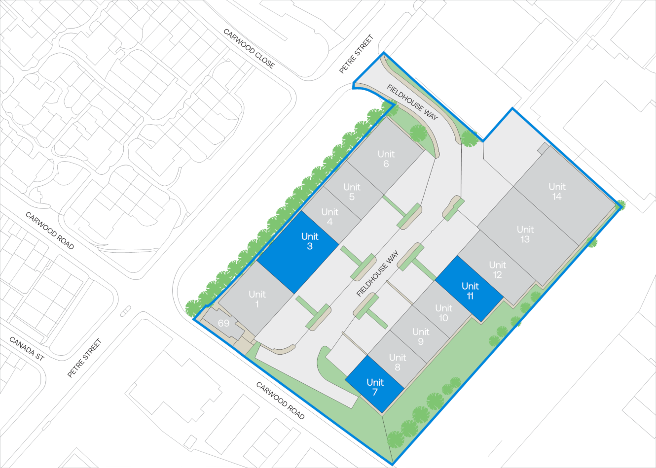 Site plan of 13-unit residential development with roads, labelled units, green areas, and nearby streets: Fent, Raynor, Camwood.