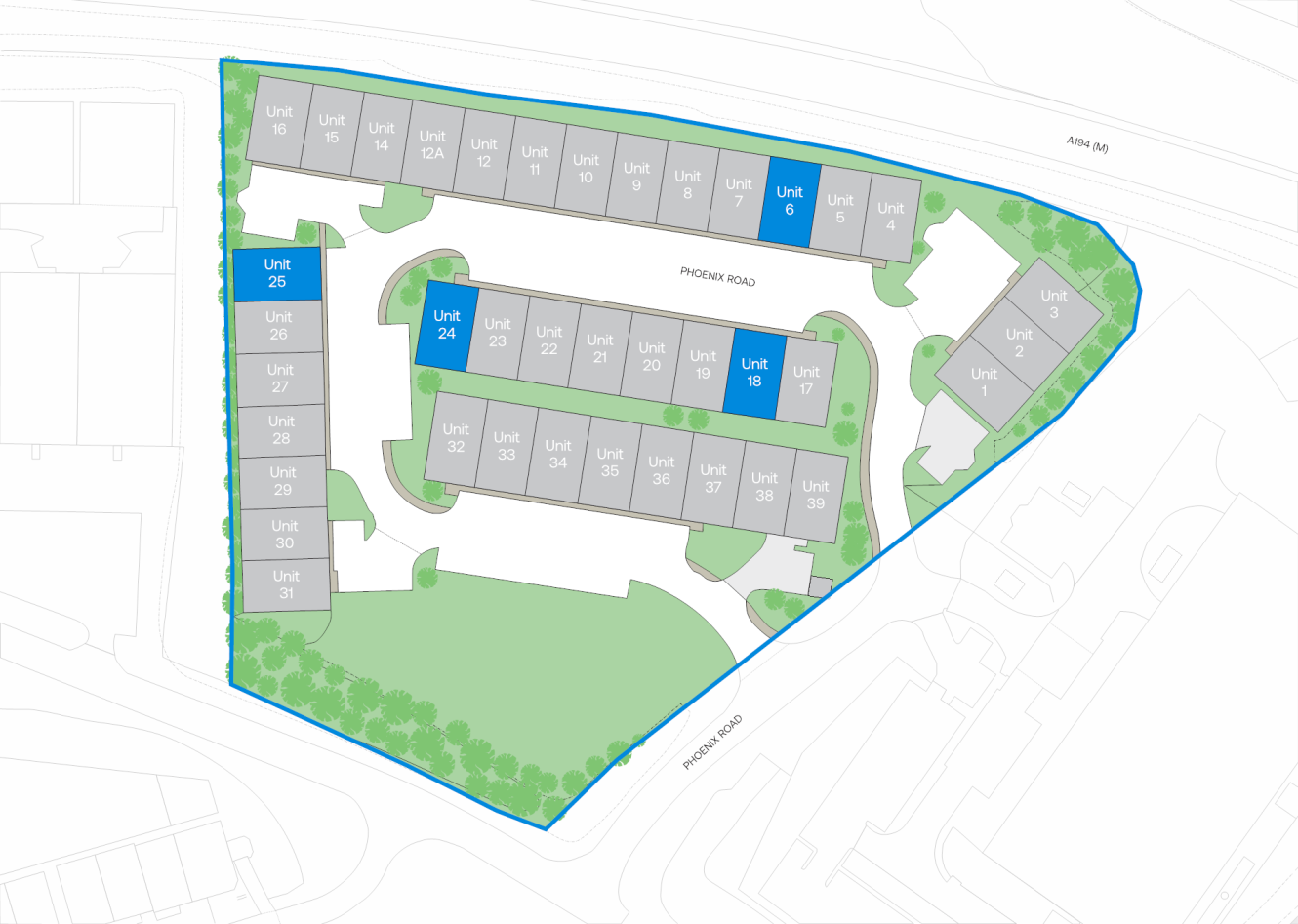 Site plan with 36 numbered units, roads, green spaces, and surrounding streets; units 1, 7, 18, 19, 24, and 25 are highlighted.