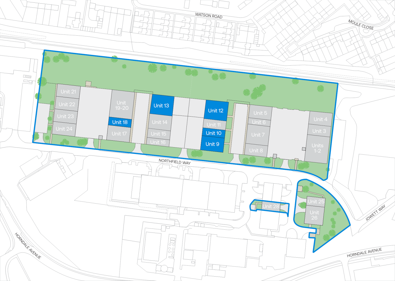 A site map with multiple labelled units in a rectangular complex bordered by Northfield Way, highlighting units 9, 10, 12, 13, and 18 in blue.