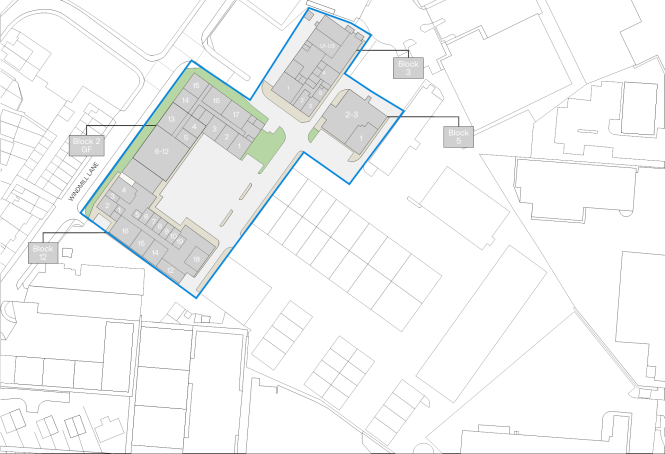 Site plan showing building blocks labelled 6-2 and 2-3 around a central courtyard, with nearby blocks and streets in greyscale.