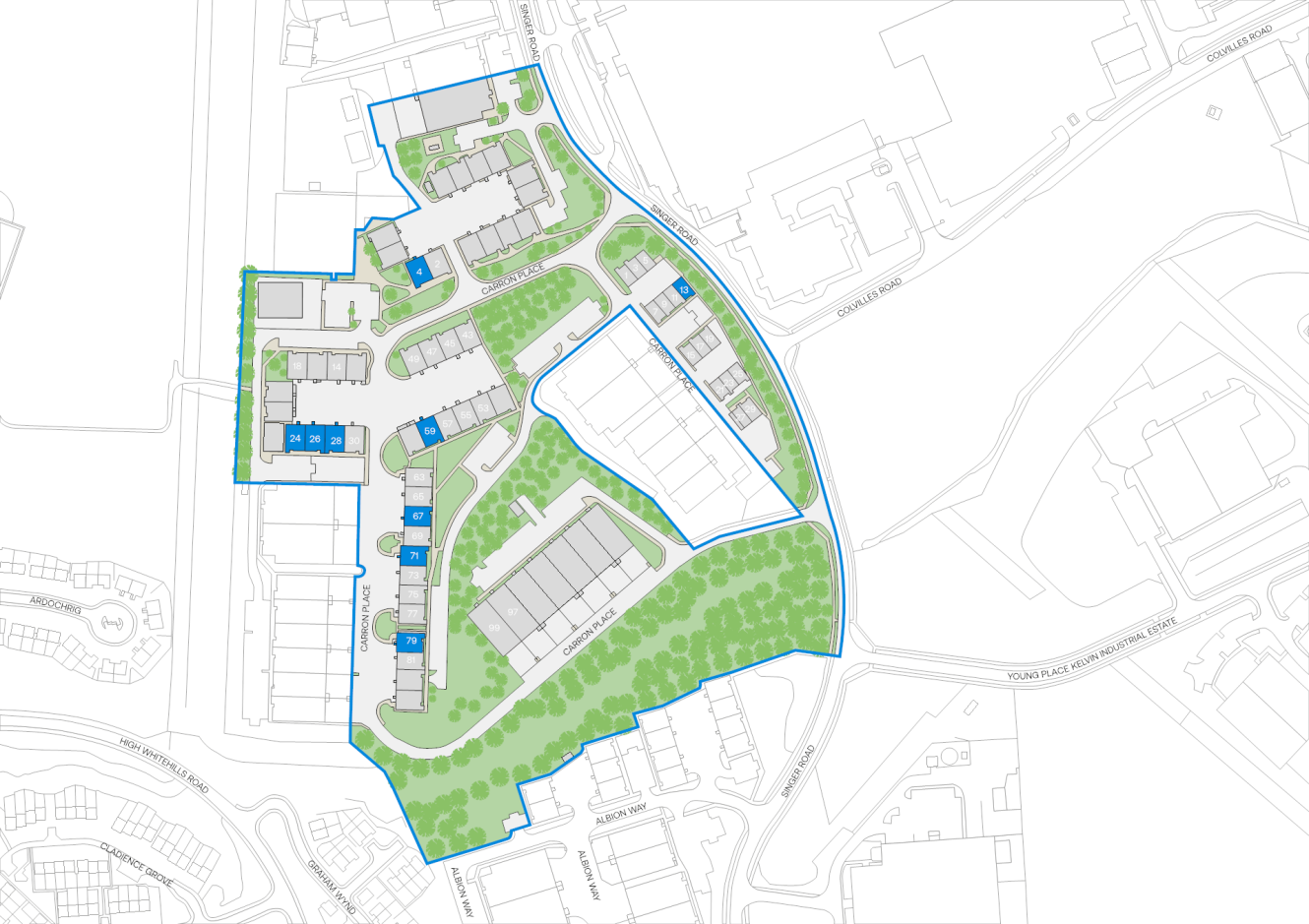A site plan depicting buildings, roads, car parks, and green spaces, all enclosed within a blue boundary line on a white background.