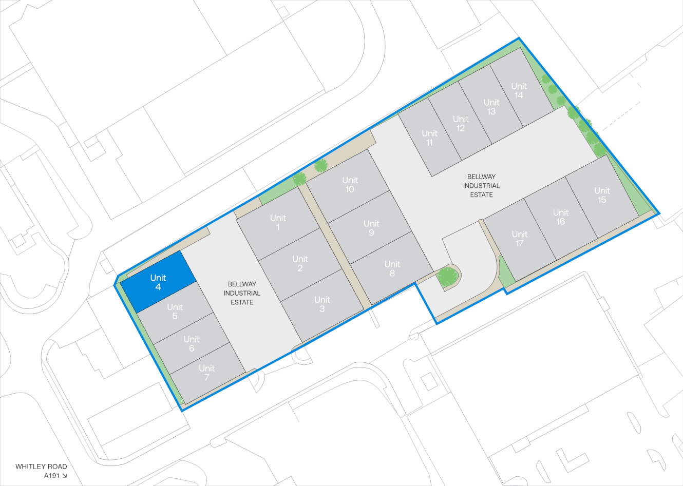 Site map of Bellway Industrial Estate with outlined units labelled 1 to 16, highlighting Unit 4 in blue. Roads and building outlines are visible around the estate.