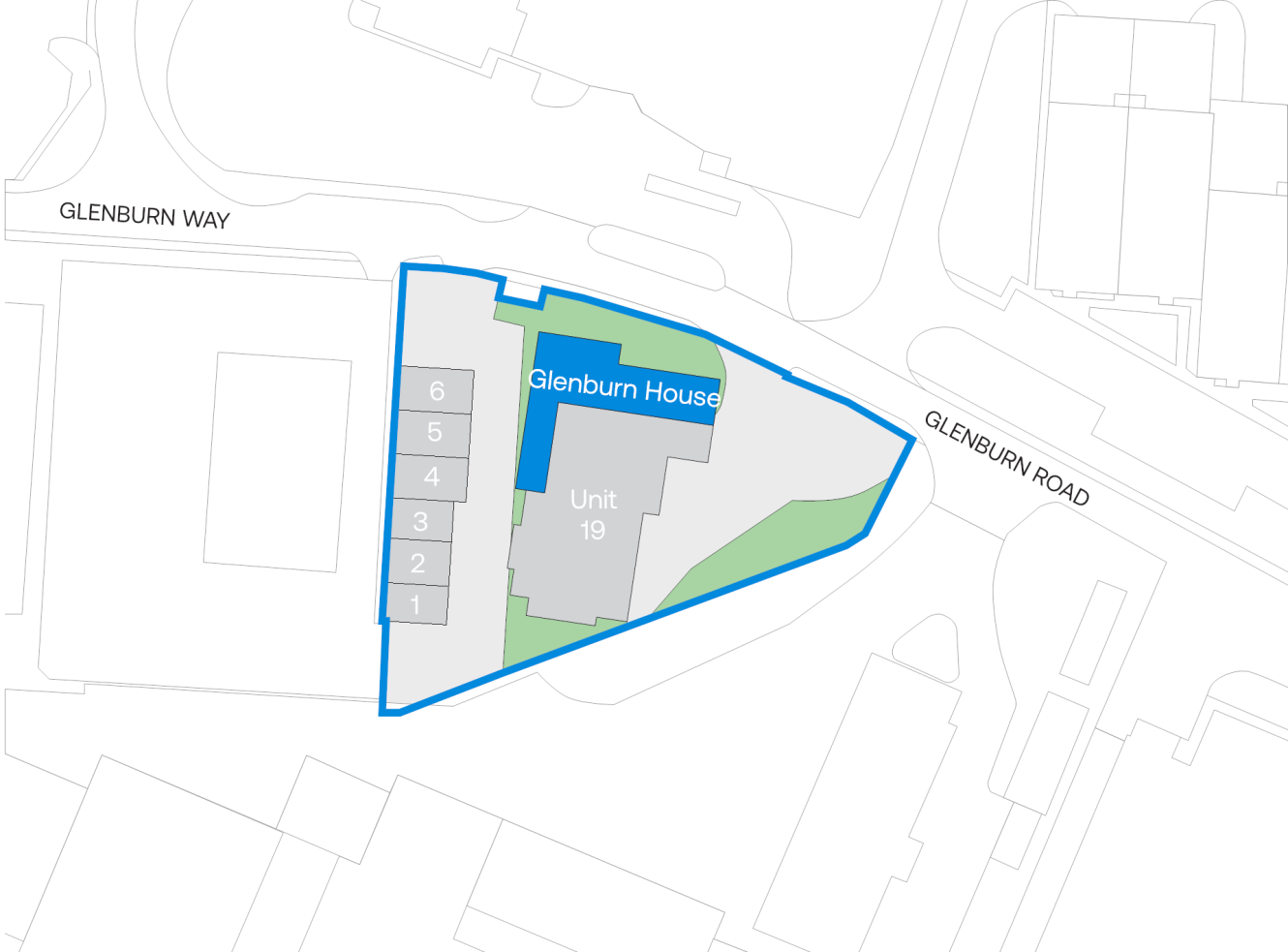 Site map depicting Glenburn House, Unit 19, and buildings labelled 1 through 6, enclosed by Glenburn Way and Glenburn Road.