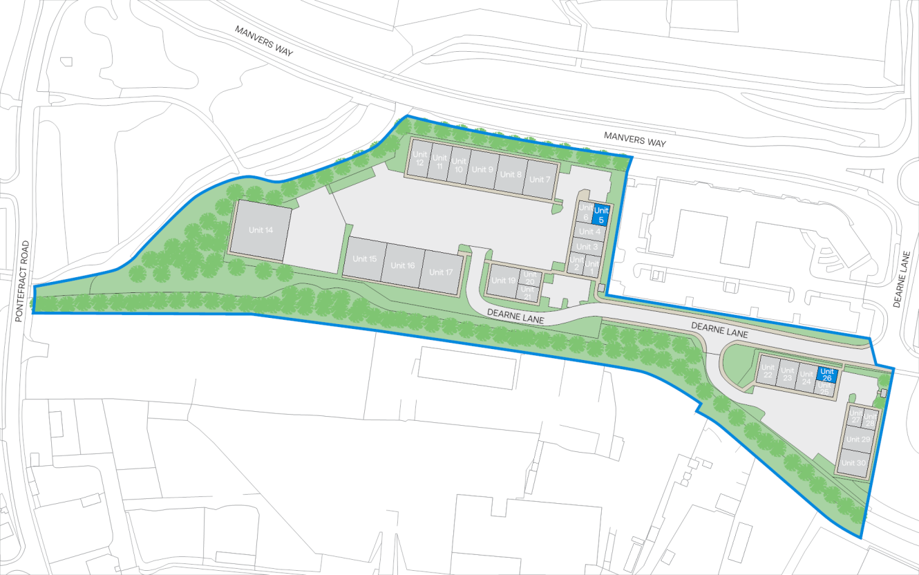 Site plan showing multiple rectangular units, roads, parking areas, and green spaces outlined in blue, bordered by Manvers Way, Roy Kilner Road, and Dearne Lane.