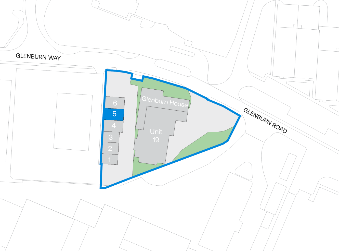 Site map displaying Glenburn House, Unit 19, and a five-storey building labelled 1 to 5, bordered by Glenburn Way and Glenburn Road, with adjacent roads and buildings outlined.