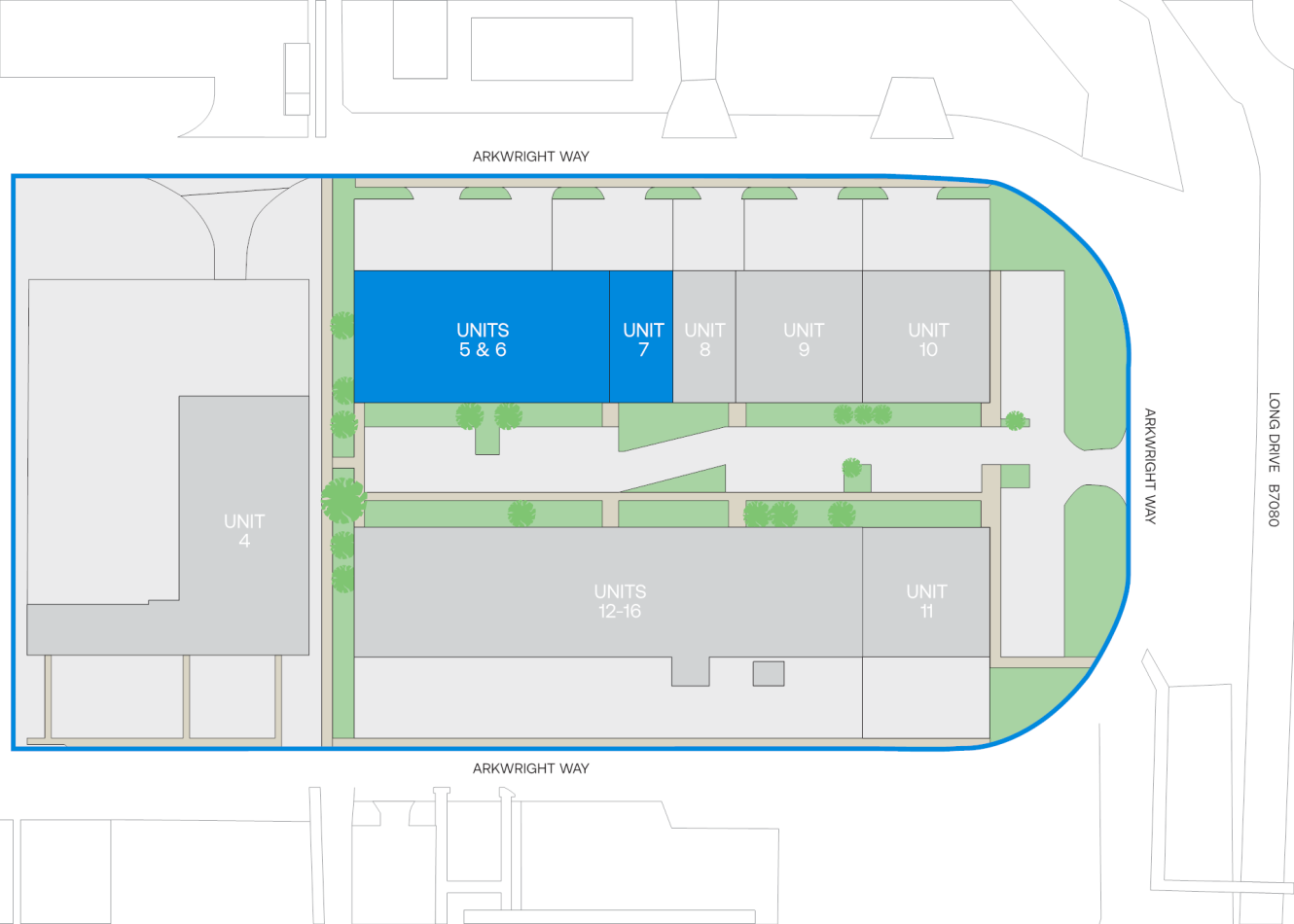 Site map featuring several labelled units; Units 5, 6, and 7 are marked in blue, with nearby streets and buildings outlined.
