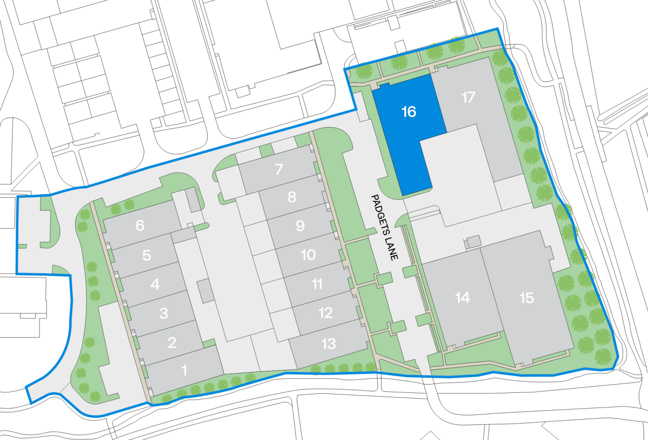 Site map showing buildings numbered 1 to 17, with building 16 highlighted in blue, bordered by Parget Lane and green spaces with trees along the edges.