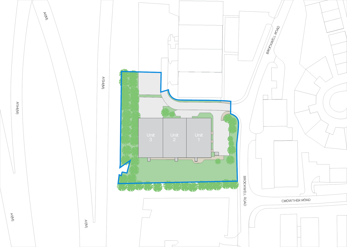 Site plan featuring three rectangular units labelled 1, 2, and 3, surrounded by green space and adjacent roads, all enclosed within a blue boundary.