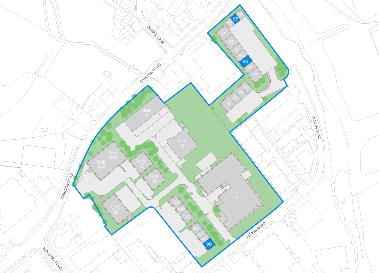 Site map displaying labelled units and roads marked in blue, with green spaces and trees scattered across the property.